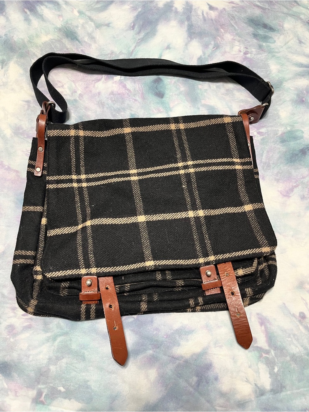 J. Crew Black Plaid Messenger Bag with Brown Leather Accents